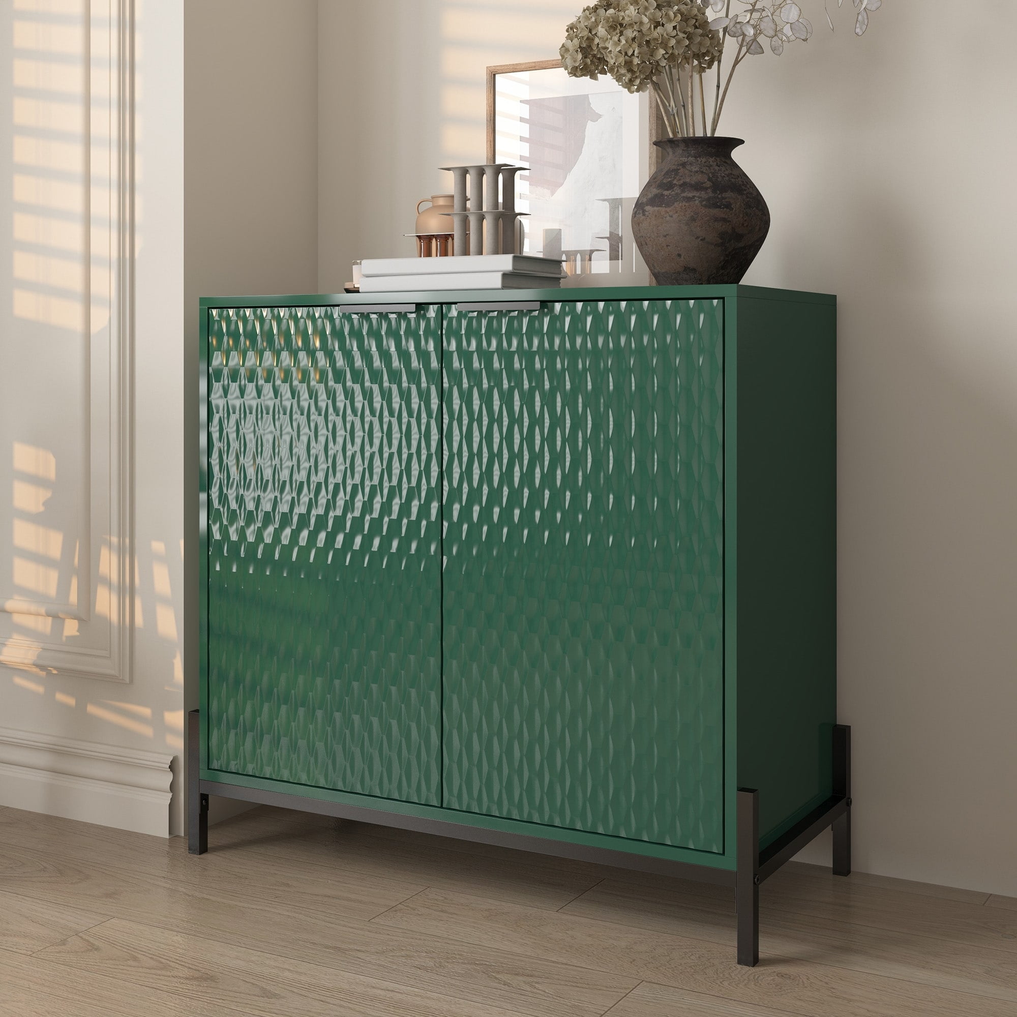 Green Glossy MDF Freestanding Accent Cabinet with Adjustable Shelving