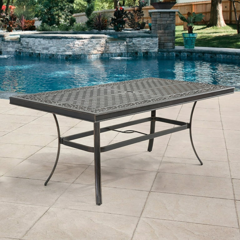 Clihome Outdoor Cast Aluminum Patio Dining Table with Umbrella Hole 67 x37 Outdoor Rectangular Table for Porch Backyard Garden Black