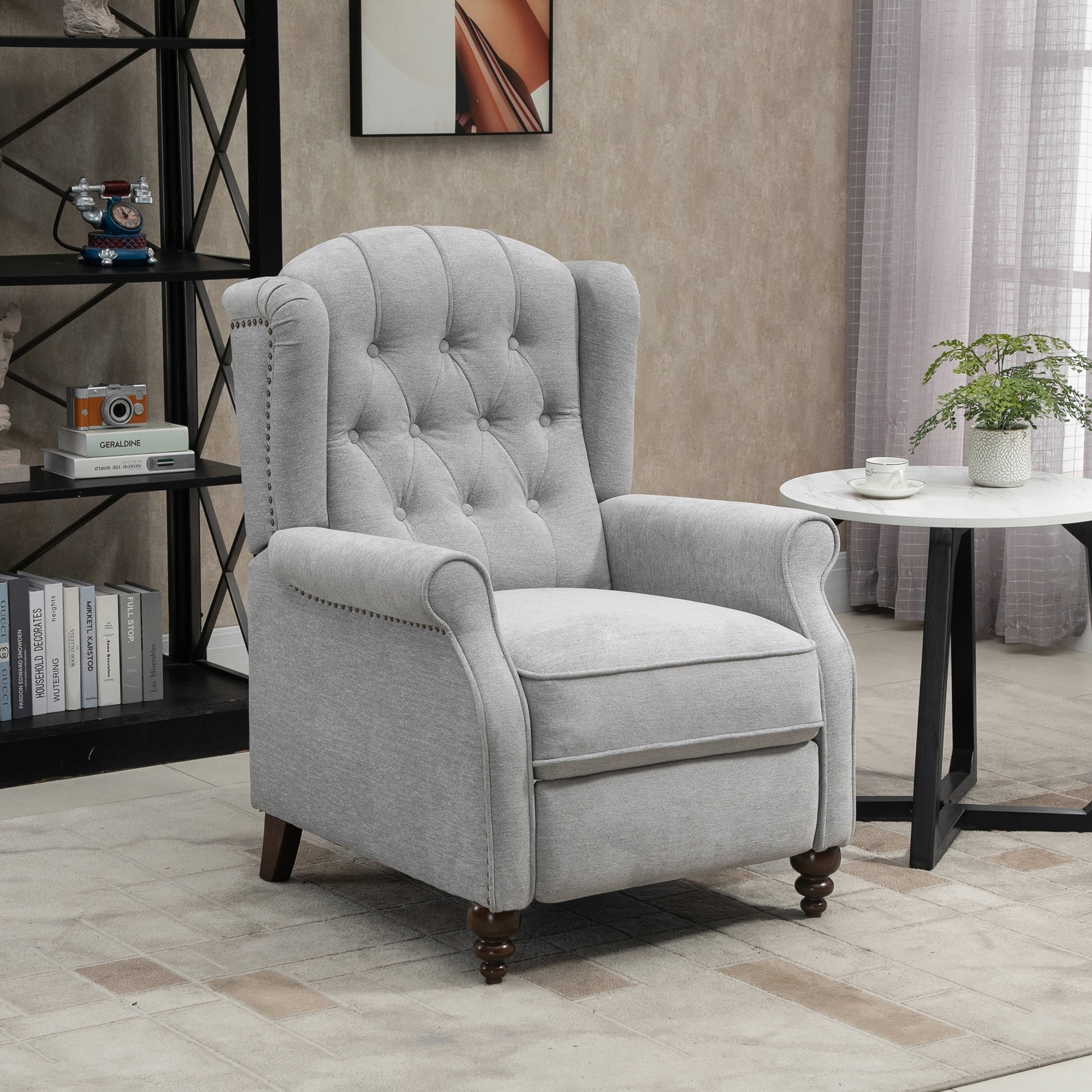 Gray Velvet Upholstered Recliner with Button Tufting