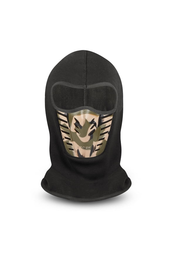 Adult Black W/ Camo Micro Fleece AirFlow Face Mask Ski Mask Neck Gaiter Hood Hat Beanie