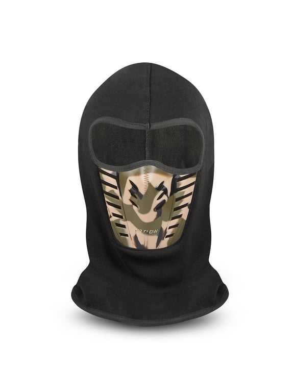 Adult Black W/ Camo Micro Fleece AirFlow Face Mask Ski Mask Neck Gaiter Hood Hat Beanie