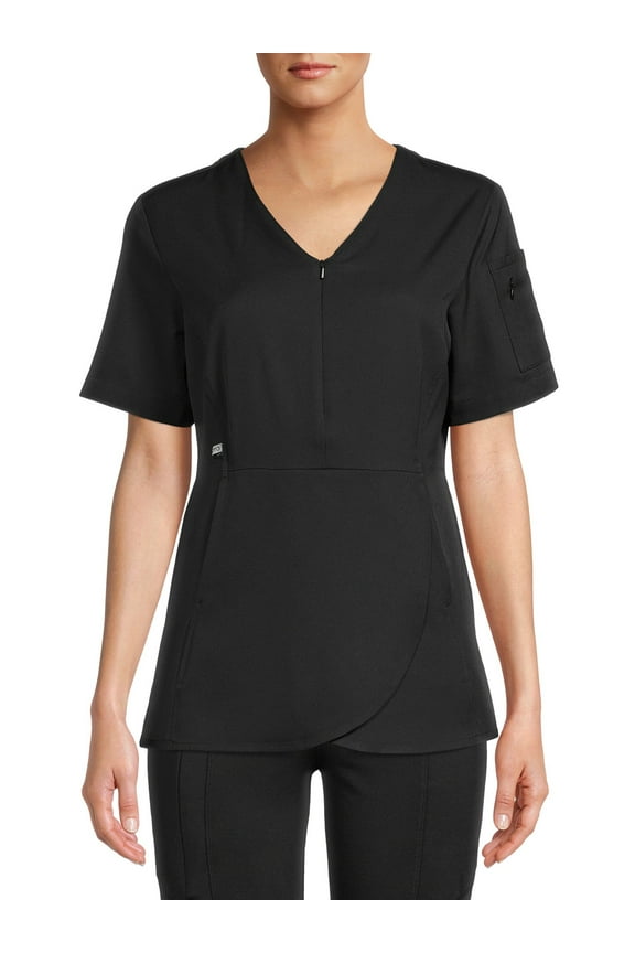 ClimateRight by Cuddl Duds Scrubs Women’s and Women's Plus Zip Neck Woven Tulip Hem Top