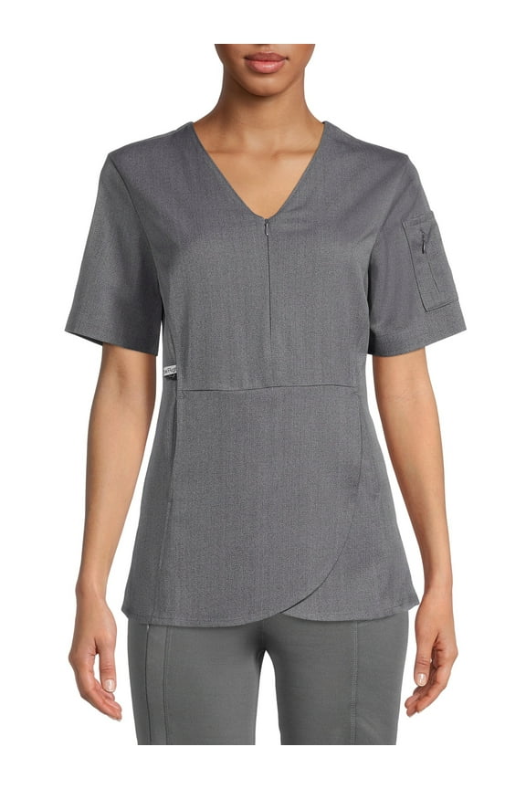 ClimateRight by Cuddl Duds Scrubs Women’s and Women's Plus Zip Neck Woven Tulip Hem Top