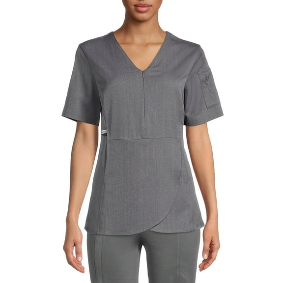 ClimateRight by Cuddl Duds Scrubs Women’s and Women's Plus Zip Neck Woven Tulip Hem Top