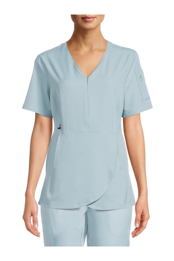 ClimateRight by Cuddl Duds Scrubs Women’s and Women's Plus Zip Neck Woven Tulip Hem Top