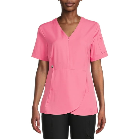 ClimateRight by Cuddl Duds Scrubs Women’s and Women's Plus Zip Neck Woven Tulip Hem Top