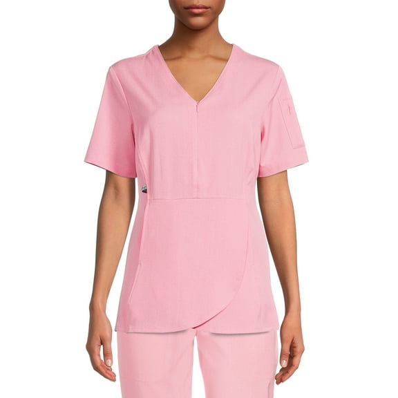 ClimateRight by Cuddl Duds Scrubs Women’s and Women's Plus Zip Neck Woven Tulip Hem Top