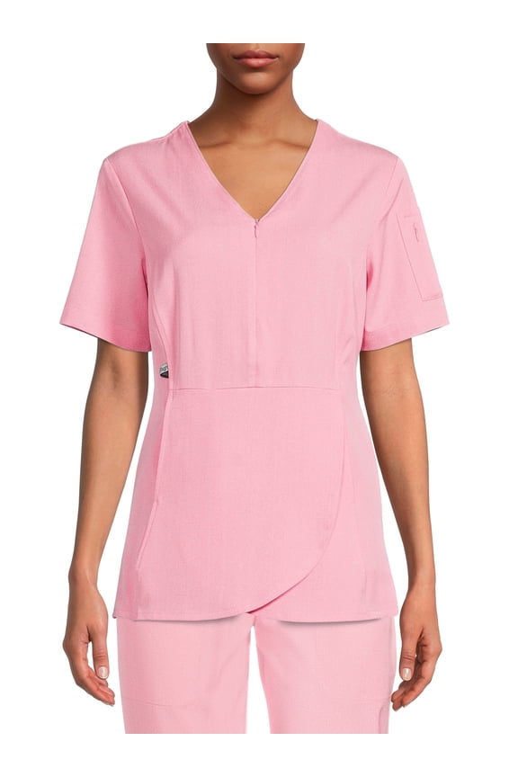 ClimateRight by Cuddl Duds Scrubs Women’s and Women's Plus Zip Neck Woven Tulip Hem Top