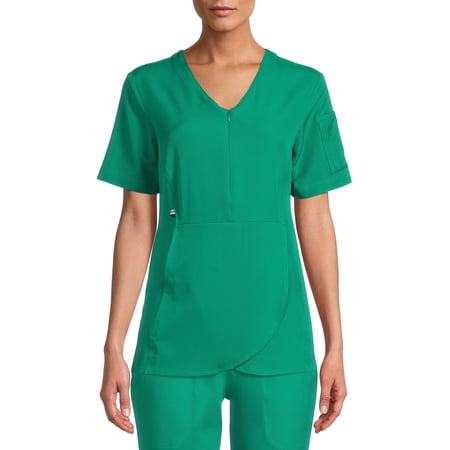 ClimateRight by Cuddl Duds Scrubs Women’s and Women's Plus Zip Neck Woven Tulip Hem Top