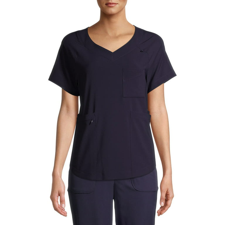 ClimateRight by Cuddl Duds Women’s and Women's Plus Woven Twill V-Neck  Scrub Top with Silver Ion Anti-Bacterial Technology