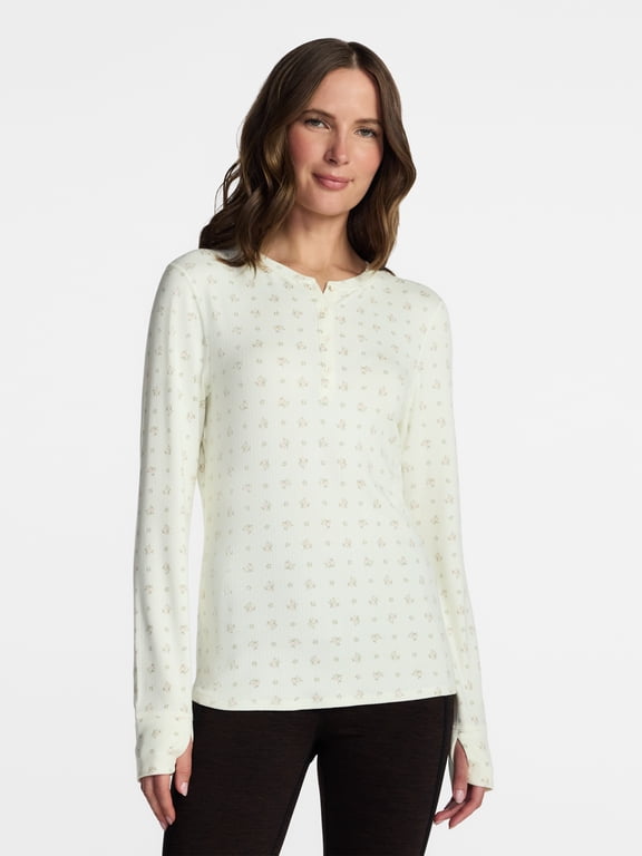 ClimateRight by Cuddl Duds Women's Pointelle Knit Long Sleeve Henley Thermal Base Layer Top, Sizes XS to 4X