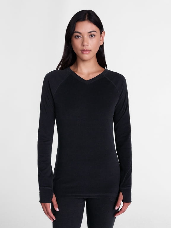 ClimateRight by Cuddl Duds Women’s Warmest Therma Suede Long Sleeve V Neck Thermal Base Layer Top, Sizes XS to 4X