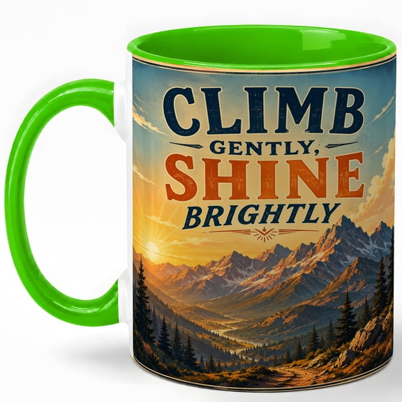 Climb Gently Shine 11oz Ceramic Mug, Vintage Mountain Poster Art