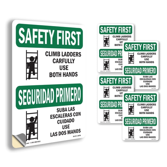 Climb Ladders Carefully Bilingual OSHA SAFETY FIRST Vinyl Decal Label 5 Inch x 3.5 Inch - 5 Pack