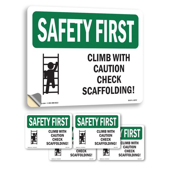 Climb With Caution Check Scaffolding! OSHA SAFETY FIRST Vinyl Decal Label 5 Inch x 3.5 Inch - 5 Pack