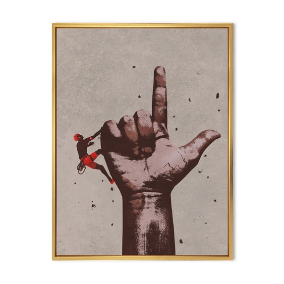 Climber With Finger Pointing Up Sign 12 in x 20 in Framed Painting Canvas Art Print, by Designart