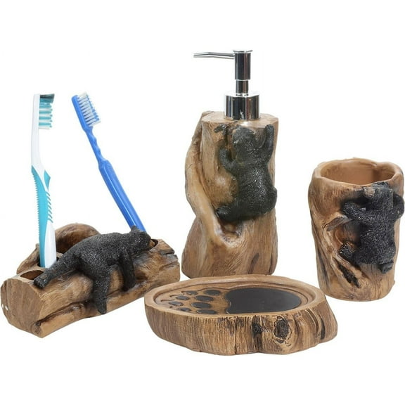 Climbing Black Bears Bath Set Rustic Polyresin Bathroom Accessories Set of 4