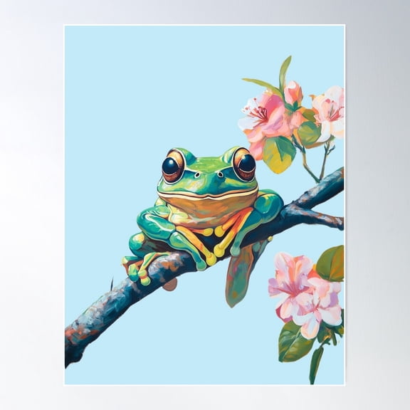 Climbing Cheerful Frog In A Tree With Flowers So Hoppy #9 Poster Wall Art, Modern Wall Decor For Living Room Bedroom, 24x36 UNFRAMED