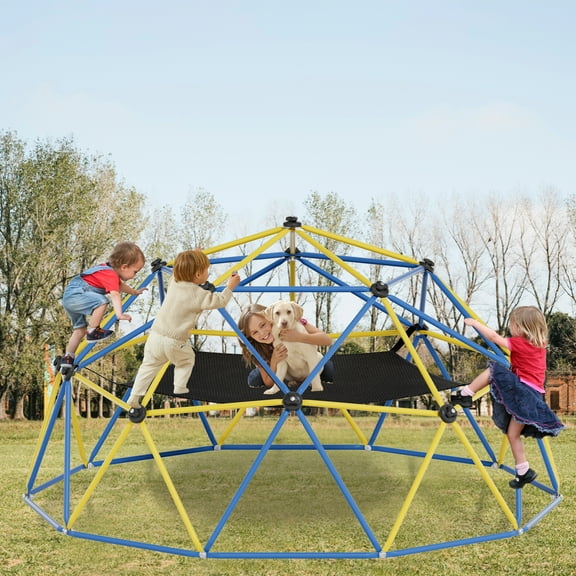 Climbing Dome,10FT Dome Climber with Hammock, Outdoor Play Equipment for 3 to 10 Children, Supports Jungle Gym up to 1,000 lbs, Rust Resistant, Easy to Assemble, Gift for Kids, Blue+Yellow