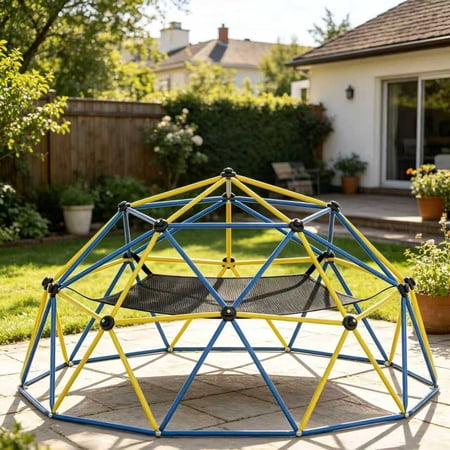Climbing Dome,10FT Dome Climber with Hammock, Outdoor Play Equipment for 3 to 10 Children, Supports Jungle Gym up to 1,000 lbs, Rust Resistant, Easy to Assemble, Gift for Kids, Blue+Yellow