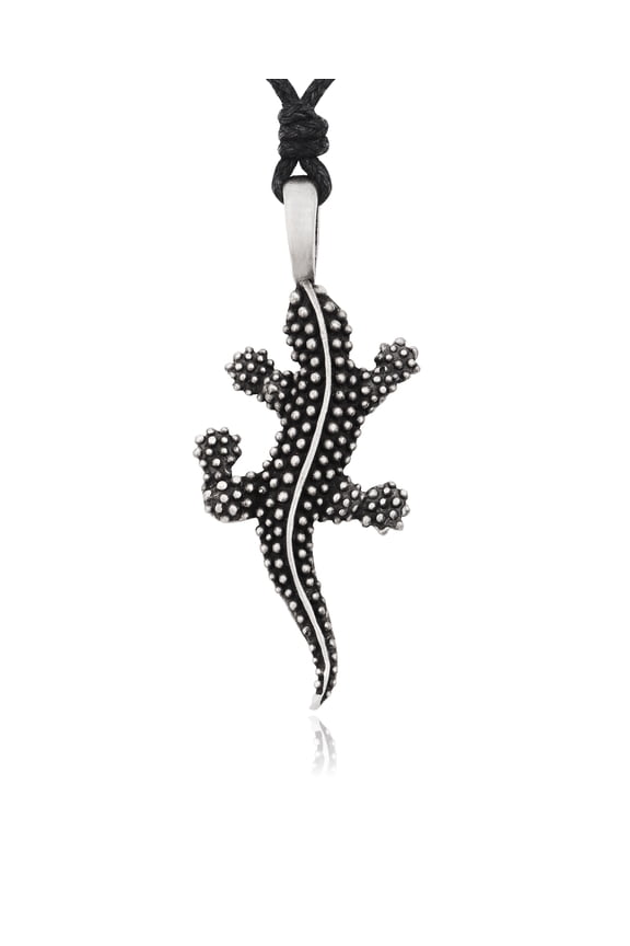 Climbing Gecko Silver Pewter Charm Necklace Pendant Jewelry With Cotton Cord - Style 3