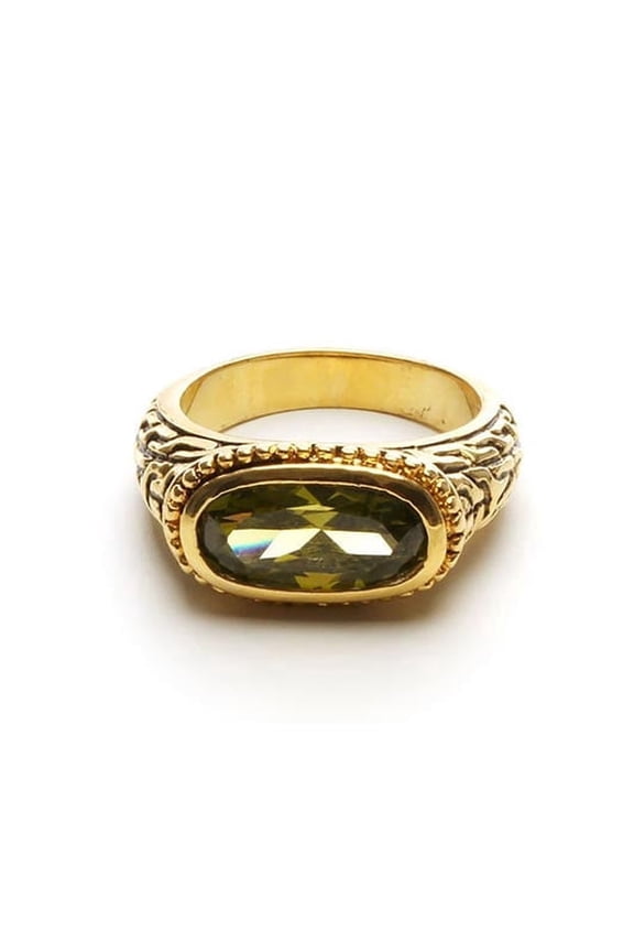 Vintage Style 5ct Olivine Cubic Zirconia Statement Ring with Antique Gold Tone Bezel Setting - Size 8 Jewelry Ring Gold