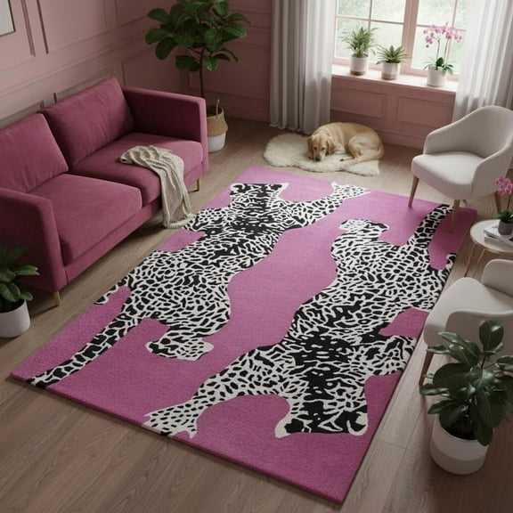 Climbing Jaguar Modern Handmade Wool Area Rug by Avyay Rugs, Pink, 2.6 x 8 ft – 100% Premium Wool, Animal Print Runner, Durable & Soft Carpet for Hallway, Living Room & Modern Home Décor