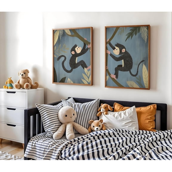 Climbing Monkeys Nursery Prints Safari Monkey Neutral Jungle Animal Art Set 2 Stretched Canvas 16x24