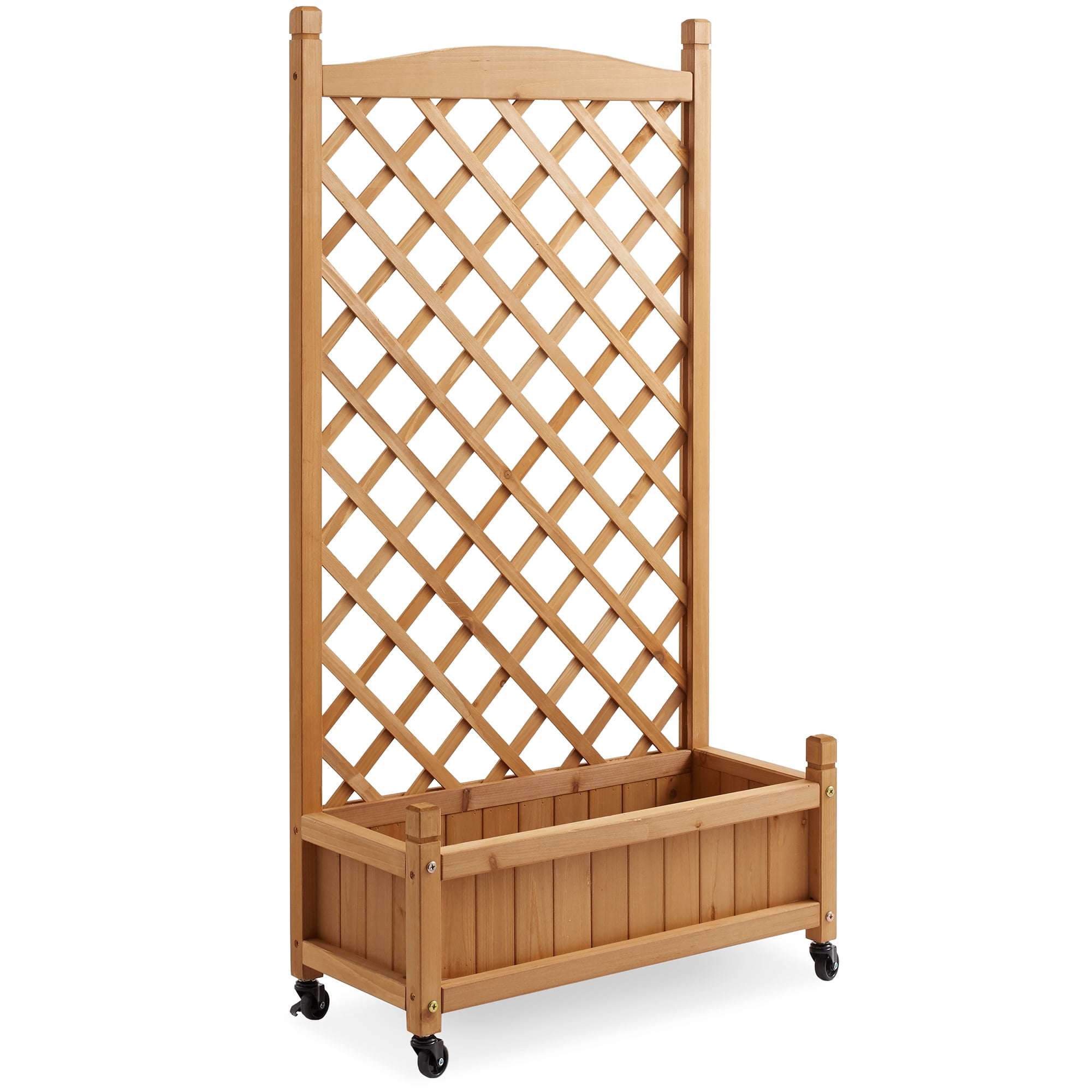 48" Natural Wood Raised Garden Bed with Trellis and Wheels
