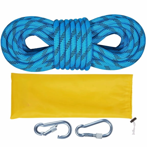 Climbing Rope 10.5mm x 32ft Static Rope, 25KN Rock Climbing Rope with Snap Hooks & Bag for Rappelling, Rescue, Industrial Use - Blue