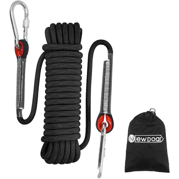 Climbing Rope 8(5/16in),10mm (3/8in), High Strength Accessory Cord Rope with 2 Steel Hooks, for Outdoor Rescue Rappelling Rope Down Cliffs ledges Safety Escape Tow Strap Equipment(Black)