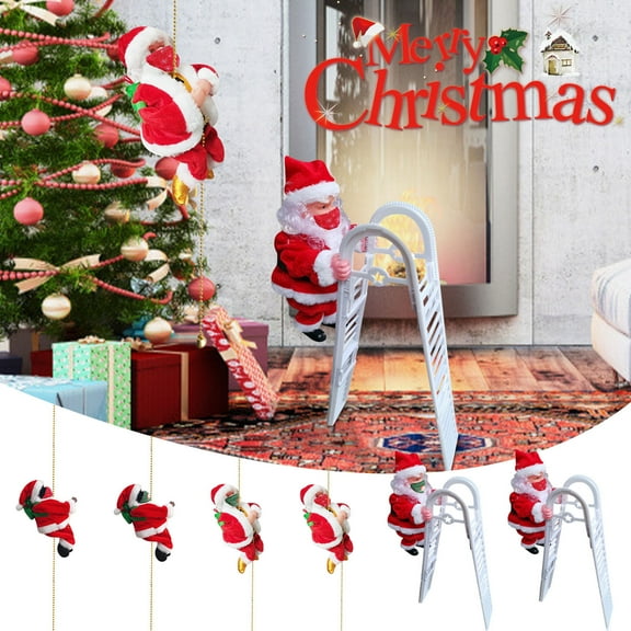Climbing Santa Claus 9" Christmas Ornament Xmas Decoration Climbs Up and Down Battery Operated Toy with Light Music and Sound Animated Climbing on Beads Musical Moving Figure Xmas Christmas Ornament