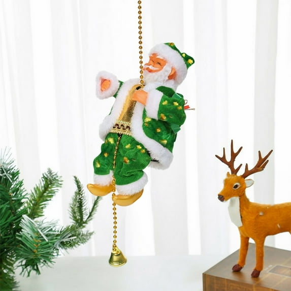 Climbing Santa Claus on a Rope, Animated Christmas Tree Ornament with Music, Moving Santa Figurine Gift for Young Man(Green)