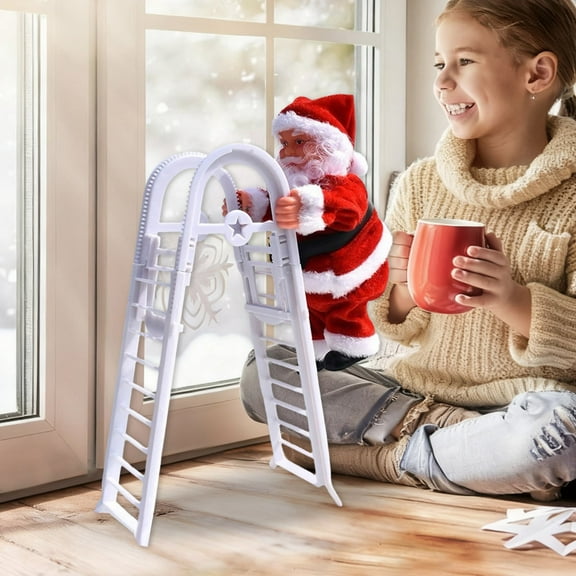 Climbing Santa, Electric Santa Climbing Ladder to Christmas Tree, Creative Climbing Santa on Ladder/Rope with Music for Christmas Decorations Xmas(Double Ladder Red)