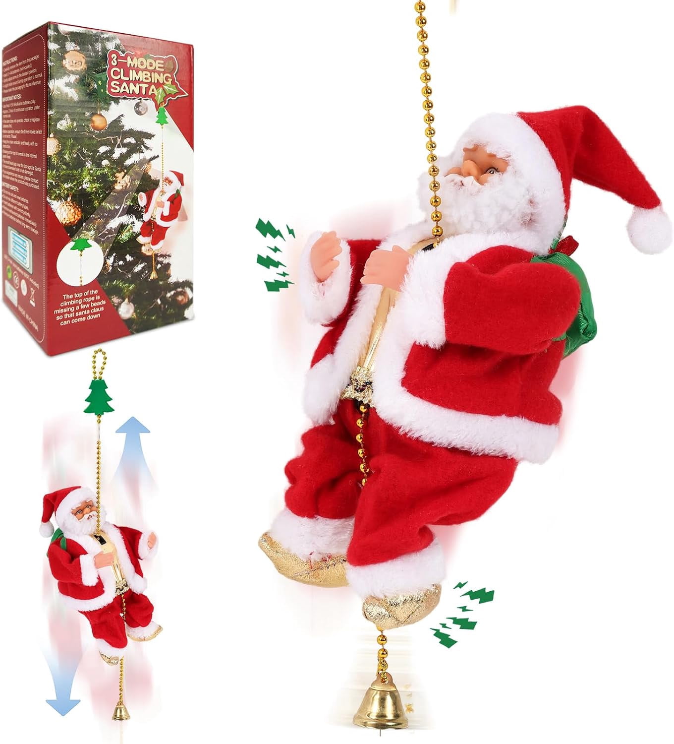 Xmas Ropes Climbing Santa on Rope, 3-Mode Animated Musical Christmas Decoration ...