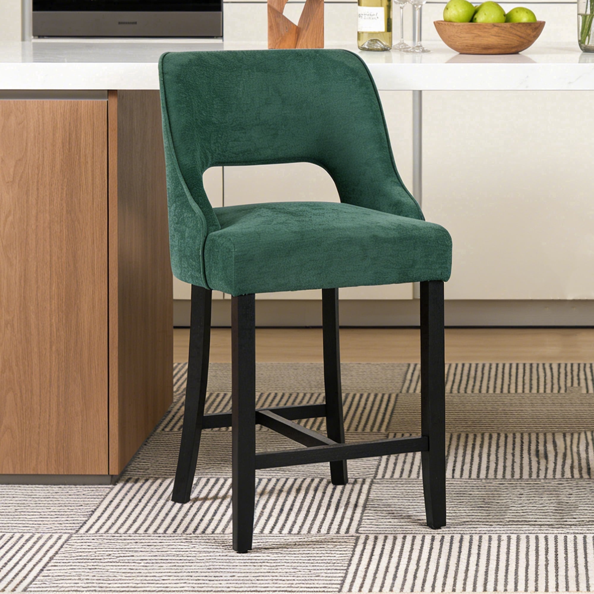 ClinQ 26" Counter Height Bar Stool Set of 1, Upholstered Bar Chair with Back, Walnut Curved Footrest for Kitchen Island, Darkgreen