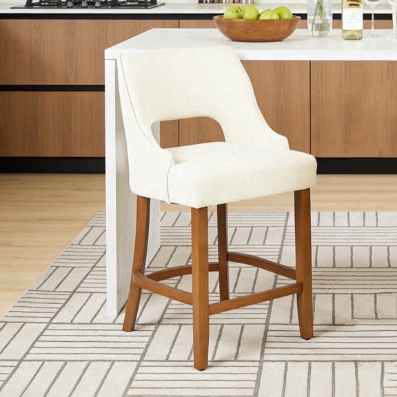 ClinQ Modern Counter Height Bar Stool Set of 1, Upholstered Seat with Back and Walnut Curved Footrest for Kitchen Island, Beige