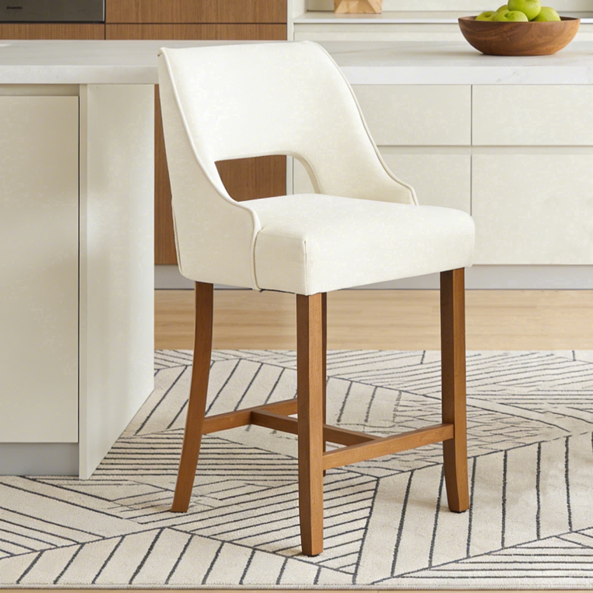 ClinQ Modern Counter Height Bar Stool Set of 1, Upholstered Seat with Back and Walnut H-Frame Footrest for Kitchen Island, Beige