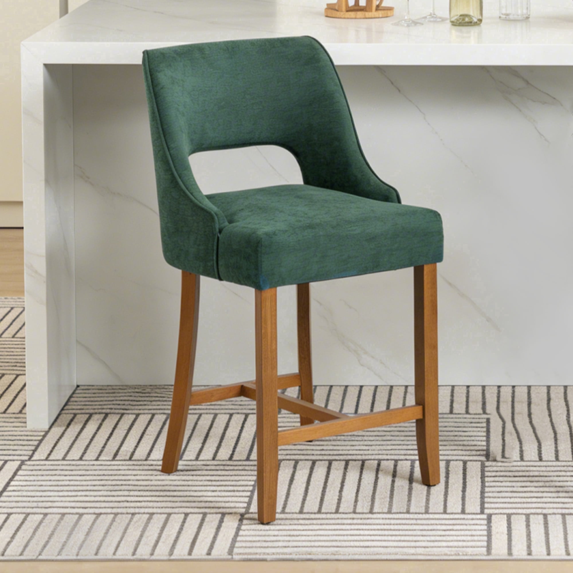 ClinQ Modern Counter Height Bar Stool Set of 1, Upholstered Seat with Back and Walnut H-Frame Footrest for Kitchen Island, Darkgreen