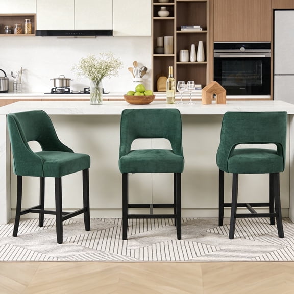 ClinQ 26" Counter Height Bar Stools Set of 3, Upholstered Bar Chairs with Back, Walnut Curved Footrest for Kitchen Island, Darkgreen