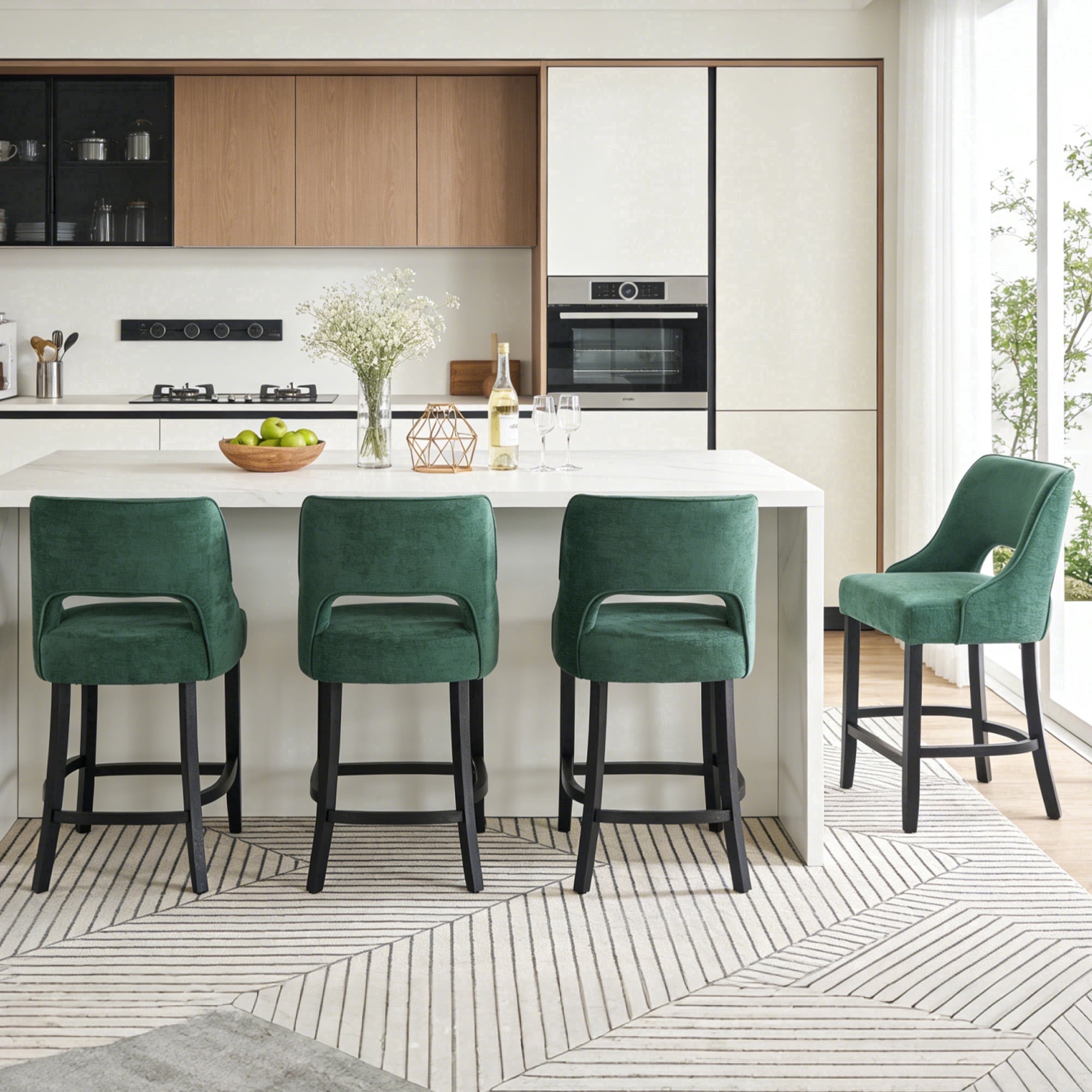 ClinQ 26'' Counter Height Bar Stools Set of 4, Upholstered Bar Stools With Black Curved Footrest， Modern Counter Stools with Back for Kitchen Island ，Green