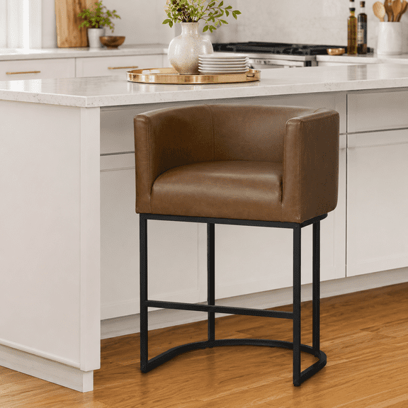 ClinQ 26" Counter Height Bar Stool Set of 1, PU Leather Barrel Bar Chair with Back and Arms for Kitchen Island, Brown