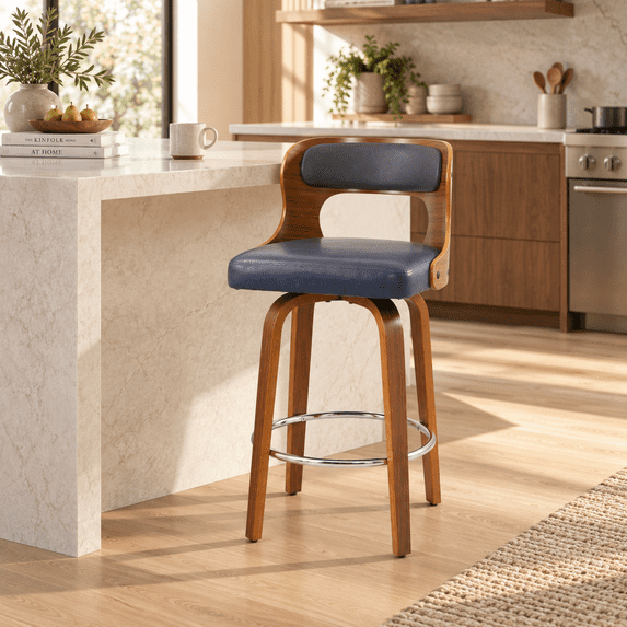 ClinQ 26 inch Swivel Bar Stool Set of 1, Counter Height Bar Chair with Walnut Legs and Silver Ring Footrest, Upholstered Faux Leather, Blue
