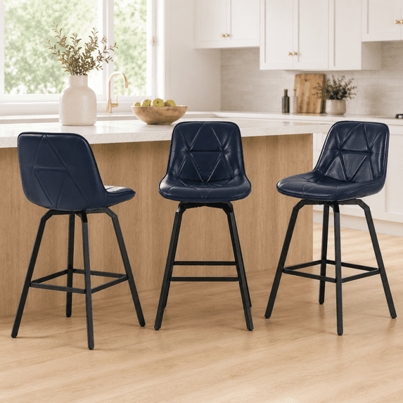 ClinQ 26 inch Swivel Counter Height Bar Stool Set of 3, Faux Leather Seat with Metal Legs and Back, Navy