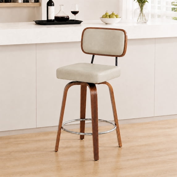 ClinQ 26 inch Swivel Counter Height Bar Stools Set of 1, Faux Leather Seat with Back, Walnut Bentwood Legs and Metal Footrest, Grey-Sliver Footrest