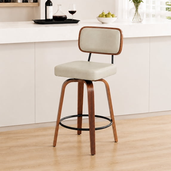 ClinQ 26 inch Swivel Counter Height Bar Stools Set of 1, Faux Leather Seat with Back, Walnut Bentwood Legs and Metal Footrest, Grey