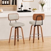 ClinQ 26 inch Swivel Counter Height Bar Stools Set of 2, Faux Leather Seat with Back, Walnut Bentwood Legs and Metal Footrest, Grey-Sliver Footrest