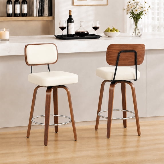 ClinQ 26 inch Swivel Counter Height Bar Stools Set of 2, Faux Leather Seat with Back, Walnut Bentwood Legs and Metal Footrest, White-Sliver Footrest