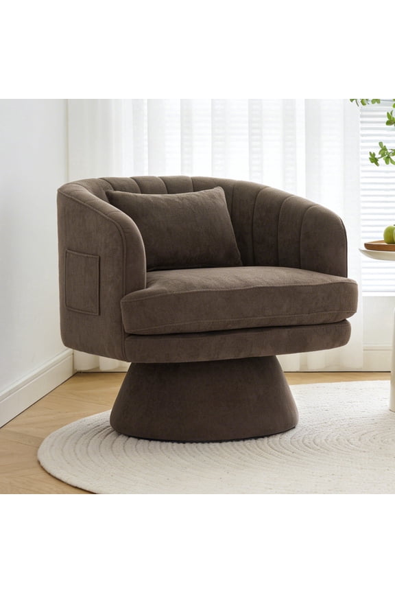 ClinQ 360° Swivel Accent Chair with Armrest Set of 1, Modern Velvet Barrel Chair with Pillow And Side Pocket, Cloud Velvet and Curve Back, Brown