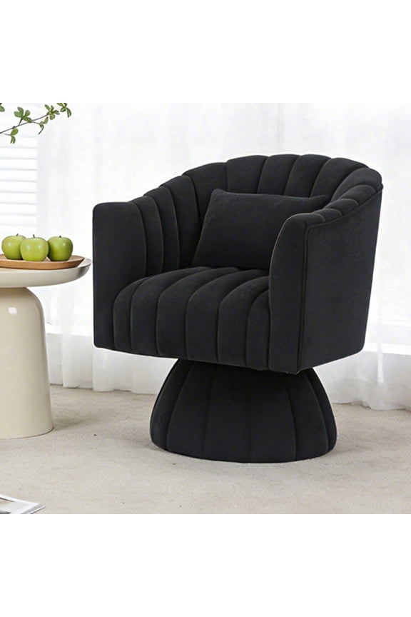 ClinQ 360° Swivel Accent Chair with Armrest Set of 1, Modern Velvet Barrel Chair with Pillow, Cloud Velvet and Curve Back, Black